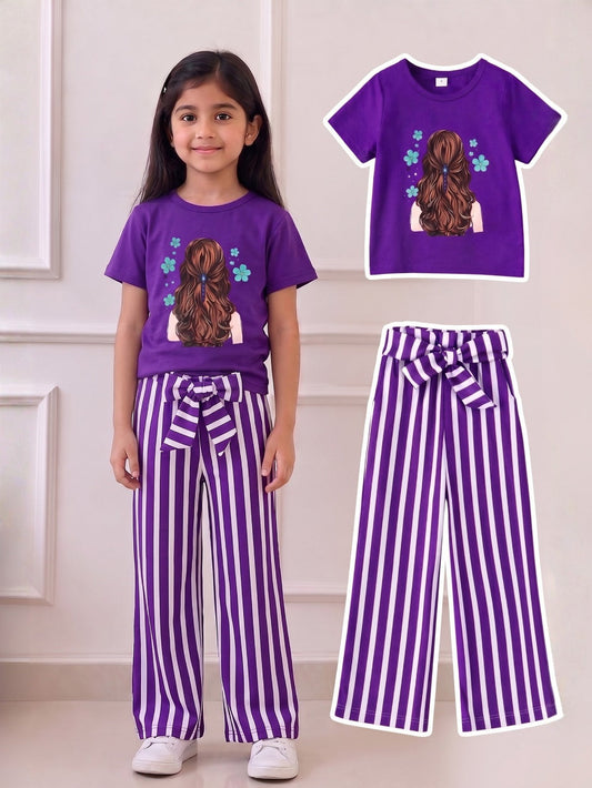 Long Hair Girl Floral Stripe Outfit Set